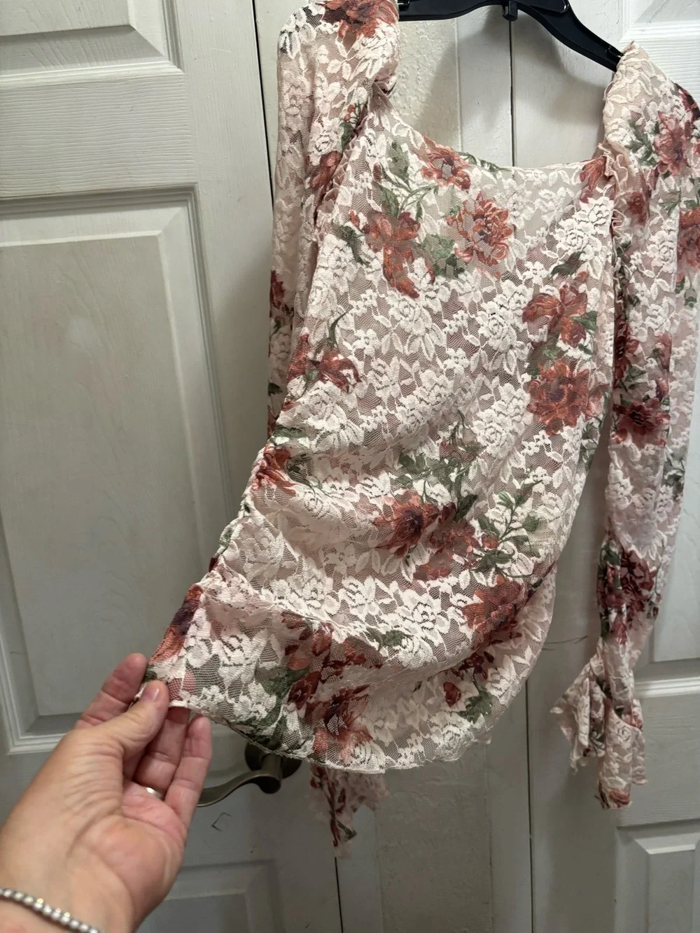 Anthropology Floral Lace Long Sleeve Blouse — Cream with Rust & Olive Flowers